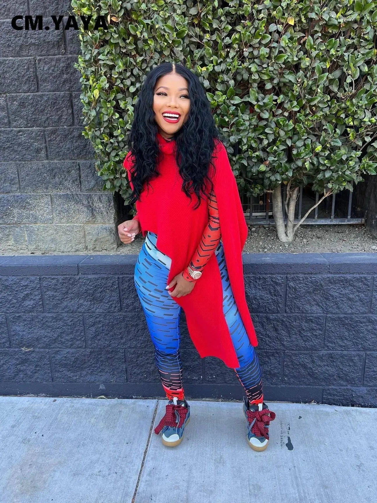 CM.YAYA Vintage Knit Rib Women Turtleneck Slit Clock Sleeve Asymmetrcial Oversized Pullover Sweater Autumn Winter Thick Warm Top