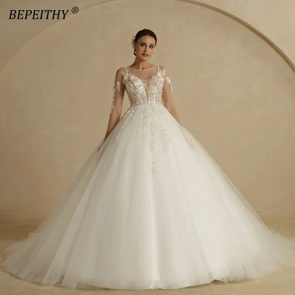 BEPEITHY Customized O Neck Sheer Top Flower Wedding Dress 2022 For Women Full Sleeves Court Train Button Back Bridal Ball Gown