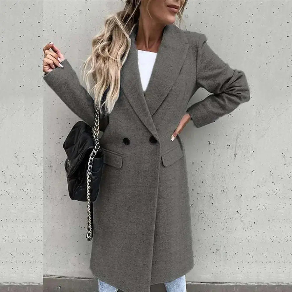 Women Coat Elegant Long Female All Match Long Sleeve Button Placket Winter Overcoat Suit Collar Long Trench Coat