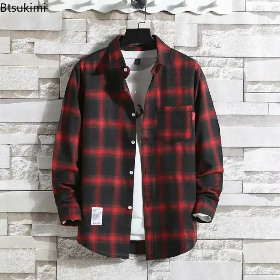 Spring New Korean Style Plaid Shirts Men's Handsome Long-sleeved Loose Casual All-matching Shirt Coats 2025 Trend Men's Clothing Markonline