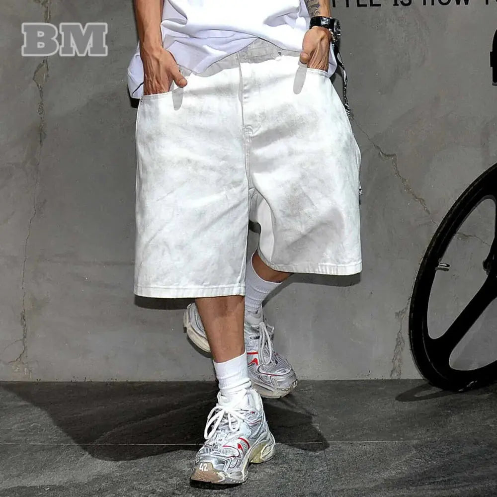 High Quality Streetwear Dirty White Jorts Men Clothes Distressed Denim Shorts Hip Hop Skateboard Baggy Jeans Korean Cargo Shorts