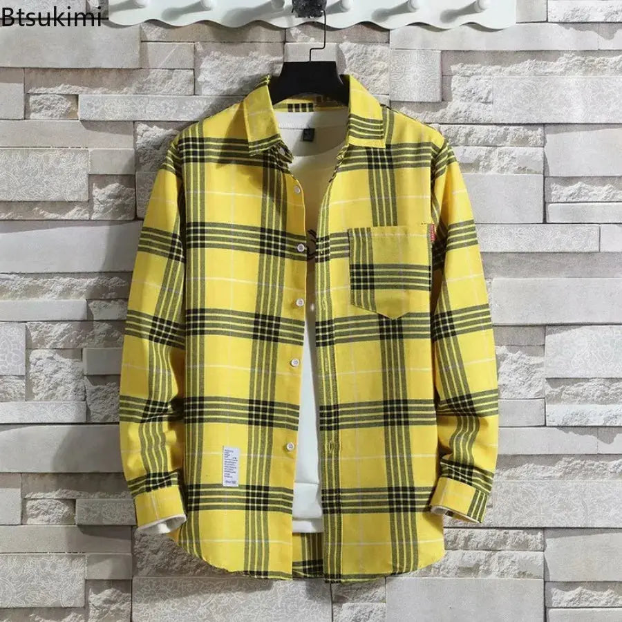 Spring New Korean Style Plaid Shirts Men's Handsome Long-sleeved Loose Casual All-matching Shirt Coats 2025 Trend Men's Clothing Markonline