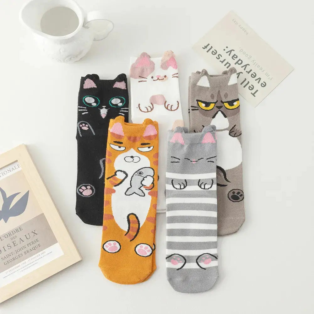 5 Pairs/Lot Women's Fashion Cartoon Socks Japanese Lovely Cat Crew Socks Breathable Student Socks For Ladies