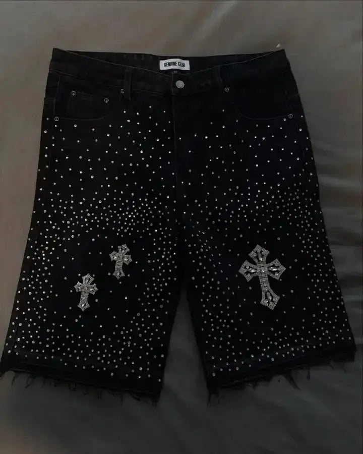American Cross Rhinestone Denim Shorts Y2K Jeans Mens Harajuku Hip Hop Retro Rhinestone Baggy Shorts Low Waist Basketball Shorts
