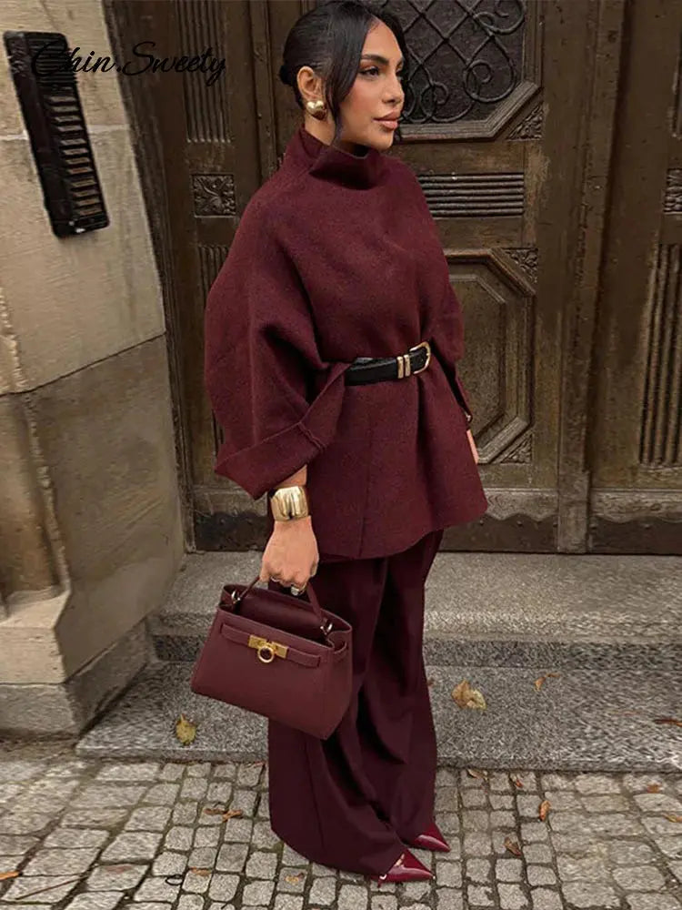 Loose Burgundy Cloak Cape Sweater Women Knit Turtleneck Loose Raglan Sleeve Pullovers Female 2024 Autumn Lady Asymmetric Outwear