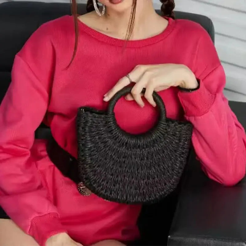 Large Half-Round Rattan Beach Bag for Women