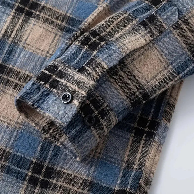 Men Shirt Plaid Flannel Spring Autumn Long Sleeve Blue Loose Mens Casual Shirt Oversized Business Male Soft Dress Shirt Markonline