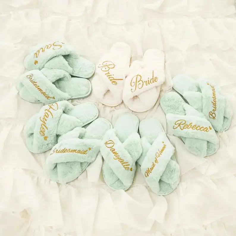 Custom Fluffy Slippers| Faux Fur Bride Slippers Custom Fluffy Cross Slipper Bridesmaid Gifts | Wedding Slippers for Bridal
