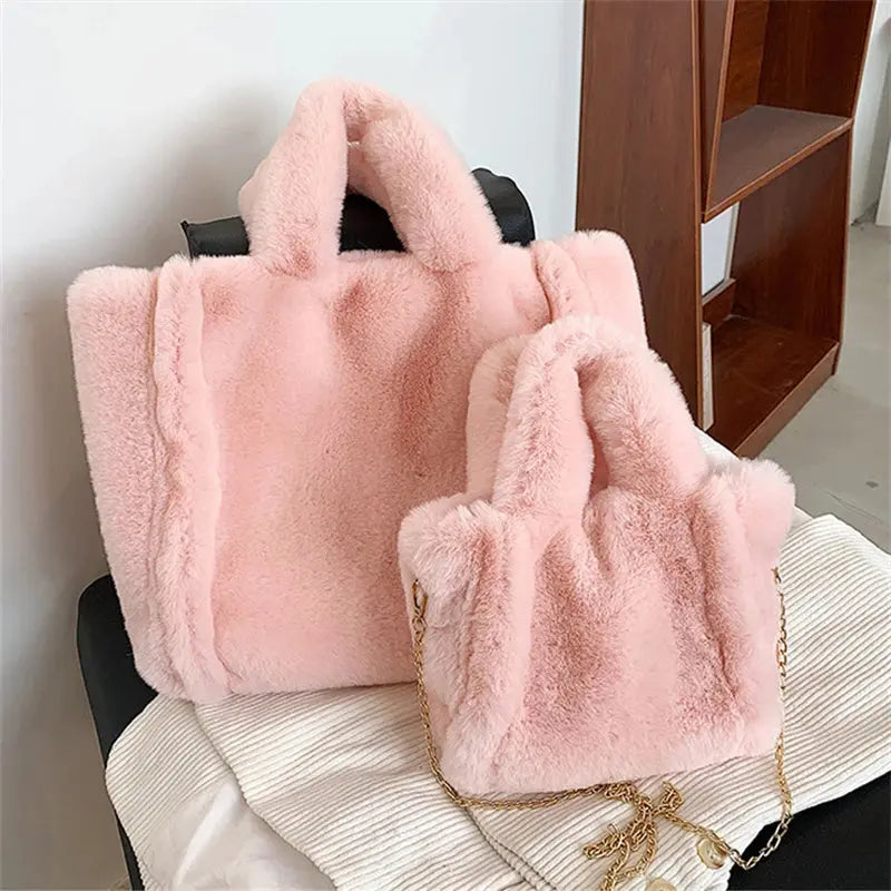 Women's Bag Faux Fur Shoulder Bag Autumn Winter Plush Tote Bag Puffer Handbag Casual Fuzzy Large Capacity Shopping Bag 2023 New