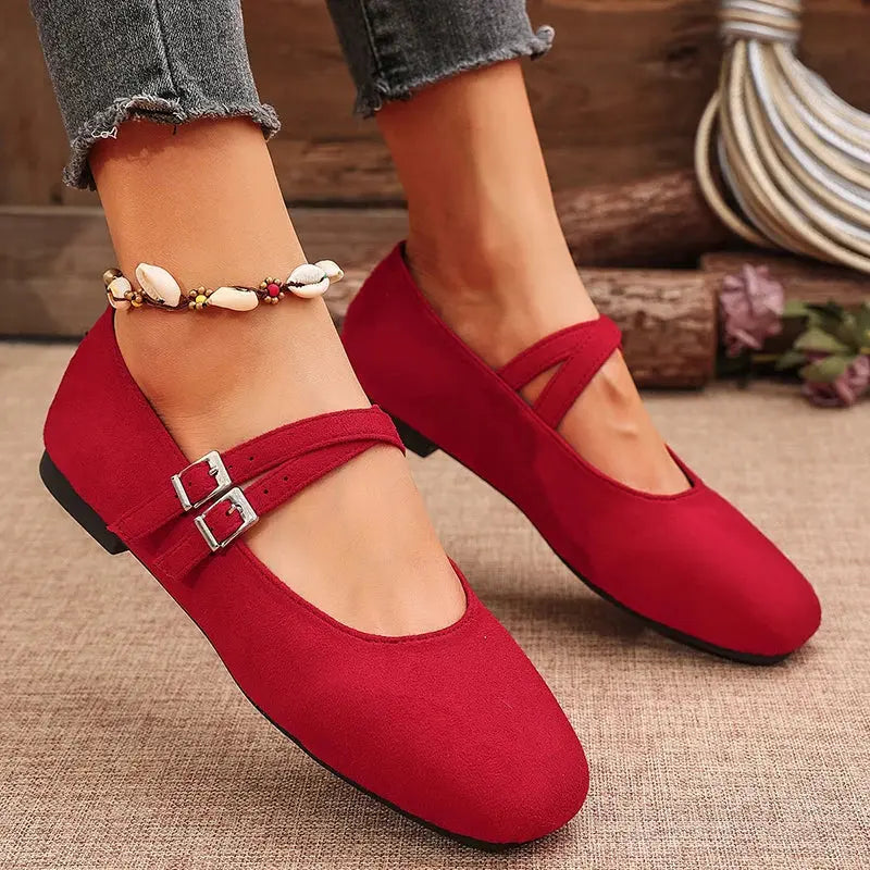 Double Buckle Red Ballet Flats Women 2025 Brand Designer Square Toe Mary Jane Shoes Woman Faux Suede Casual Shoes Female