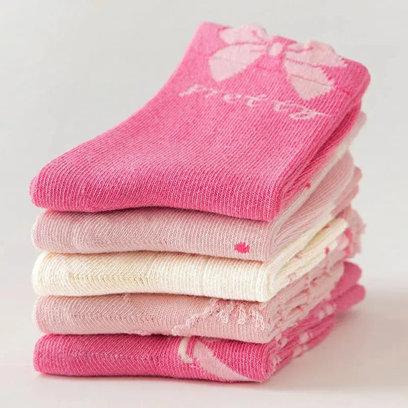 Spring Girls Socks Baby Sweet Rosy Bowknot Pattern Socks Cotton Socks Children Calf Socks Kids Socks 5 Pairs
