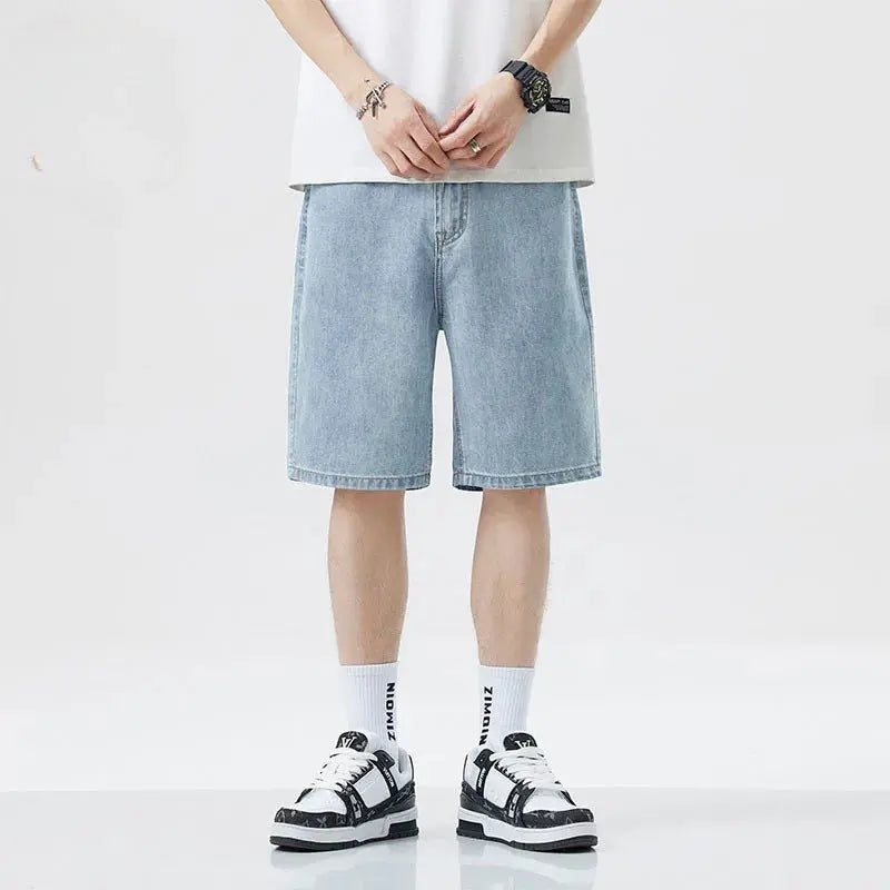 Summer classic shorts, jeans, men's denim pants, straight leg stretch, casual, cool, thin, knee length, blue fashion brand daily