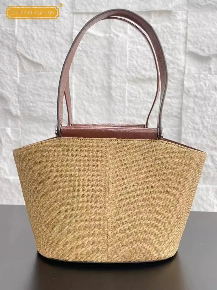 Elegant Ladies Summer New Casual Totes Handmade Straw Bag Women Holiday Beach Bucket Bag Patchwork Large Capacity Shoulder Bag