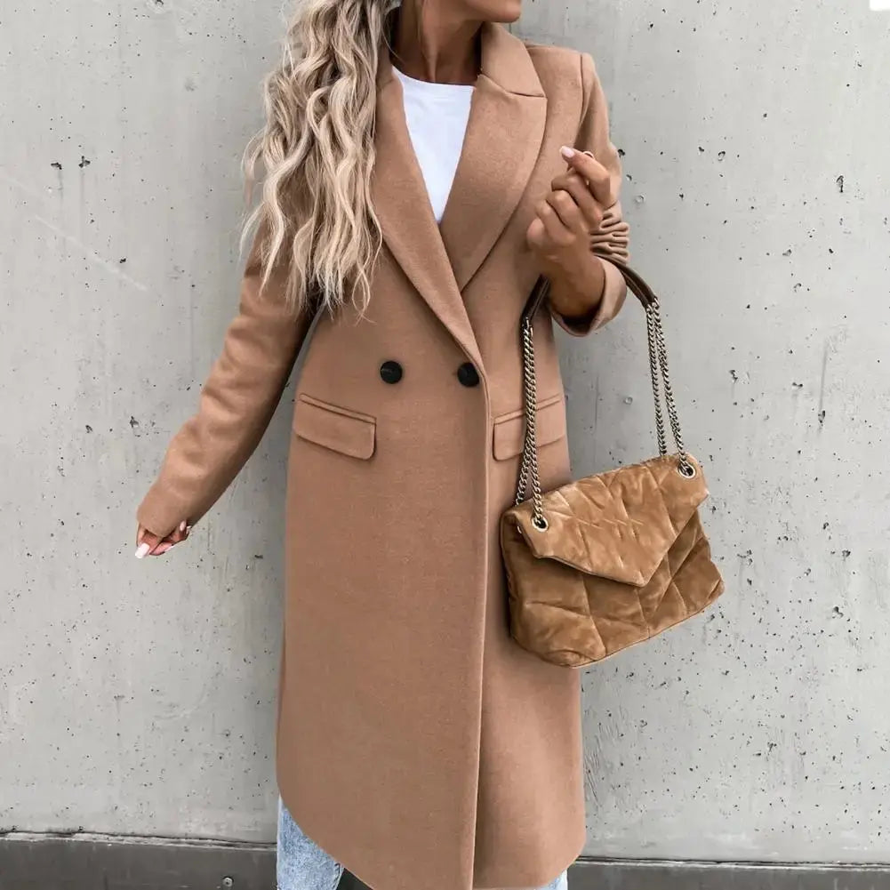Women Coat Elegant Long Female All Match Long Sleeve Button Placket Winter Overcoat Suit Collar Long Trench Coat
