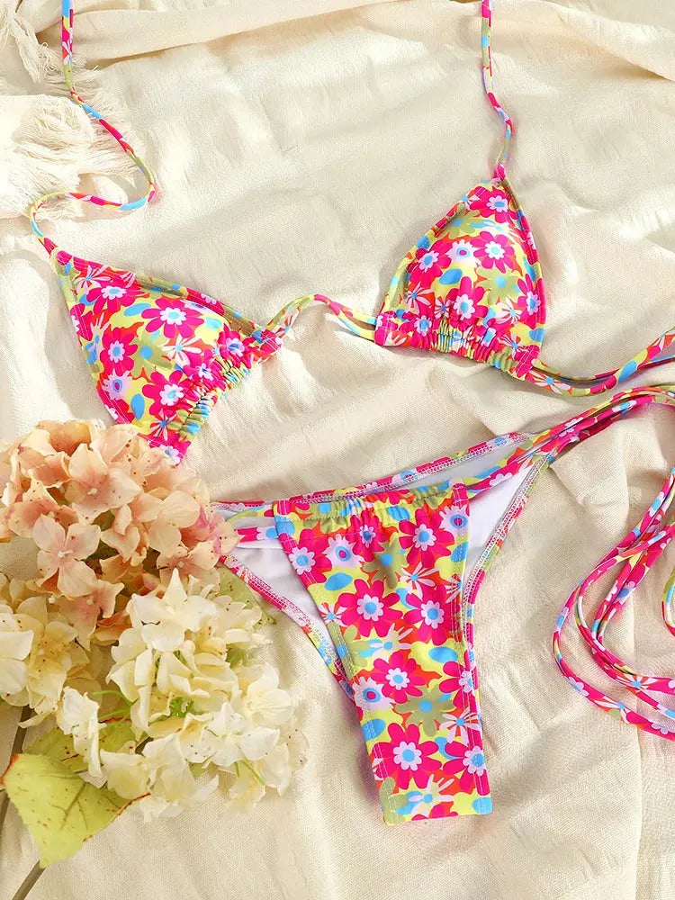 Rinabe Two Piece Swimsuit Women Ties Bikini Floral Printed Swimwear Micro Thongs Bathing Suit Beachwear Sexy Biquini