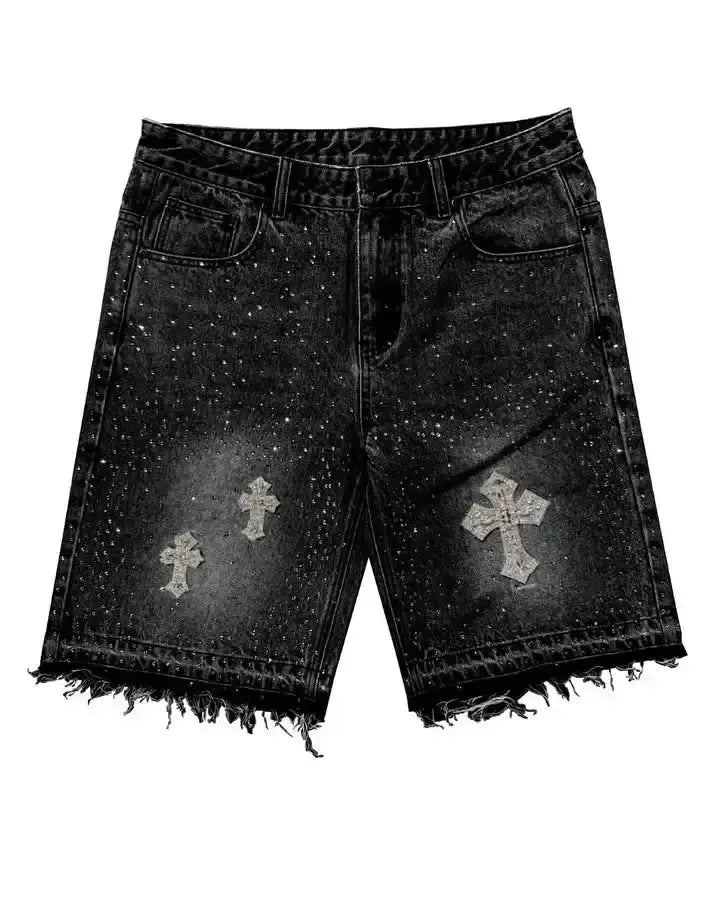 American Cross Rhinestone Denim Shorts Y2K Jeans Mens Harajuku Hip Hop Retro Rhinestone Baggy Shorts Low Waist Basketball Shorts