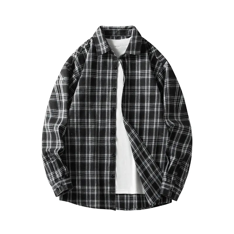 Men Shirt Plaid Flannel Retro Long Sleeve Oversized Loose Cotton Casual Male Youth Design Soft Fall Black Formal Dress Shirt Markonline