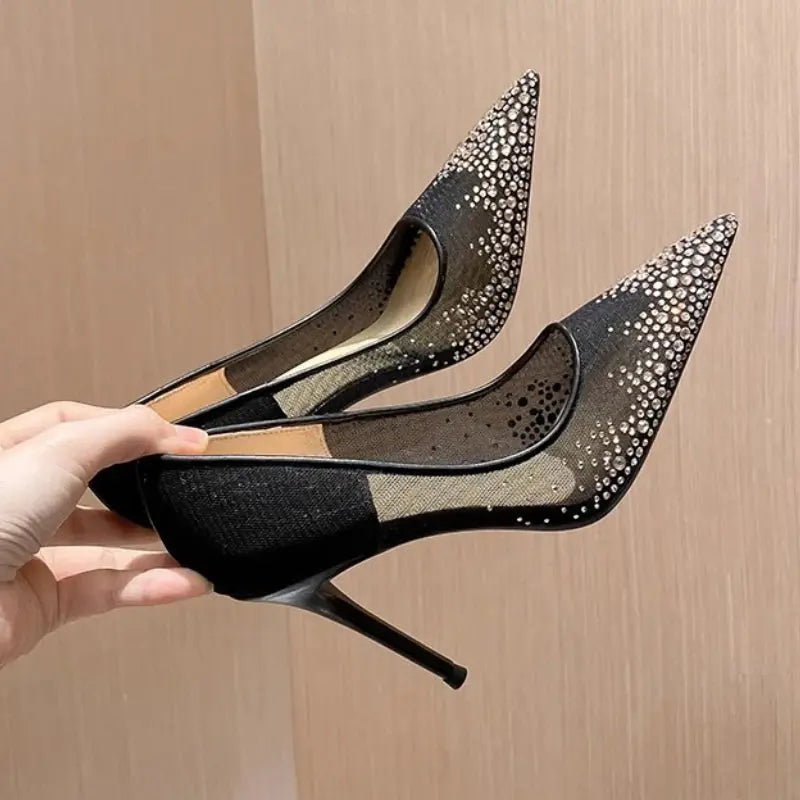 Women's high heels and single shoes for spring and summer  new mesh diamond fashion banquet pointed women's shallow mouth shoes