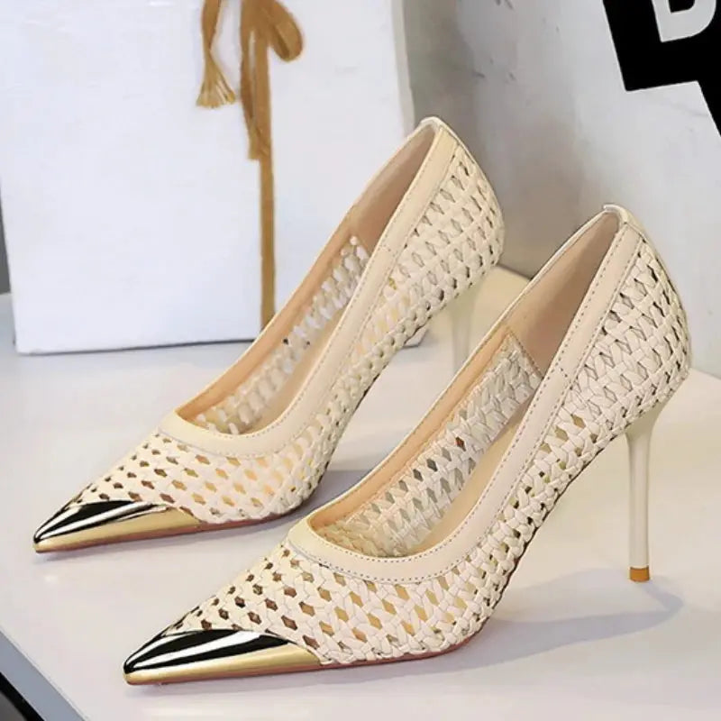 BIGTREE 2026 New Spring Fashion Metal Decoration Pointed Toe Pumps Woman Thin Heels Sexy Hollow Out Ladies Shoes