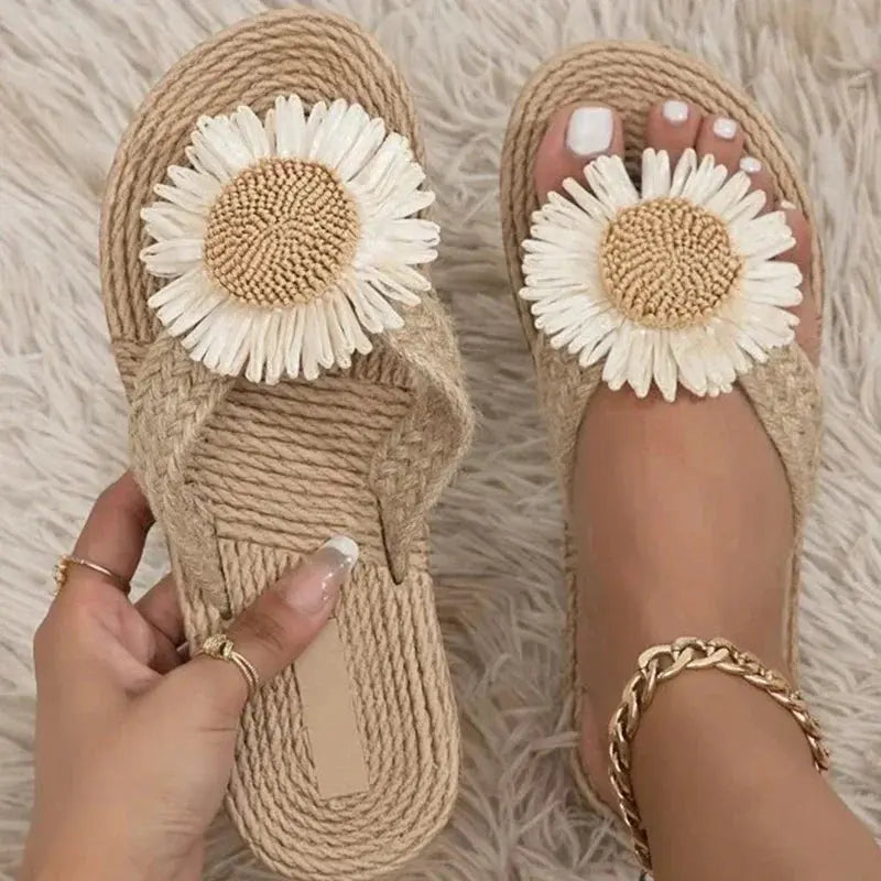 2024 New Linen Flower Decor Flip Flops Fashion Women Slides Flat Heel Outdoor Beach Summer Woman Slippers Ladies Shoes