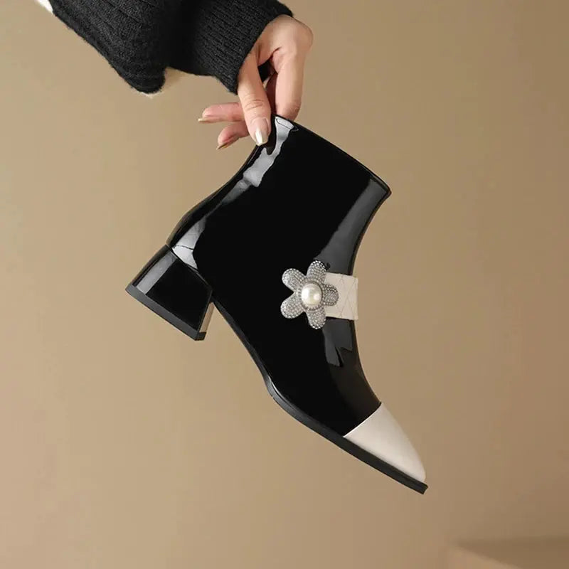 Autumn Women Boots Square Toe High Heel Shoes Patent Leather Shoes for Women Mixed Colors Boots Winter Chunky Heel Ankle Boots