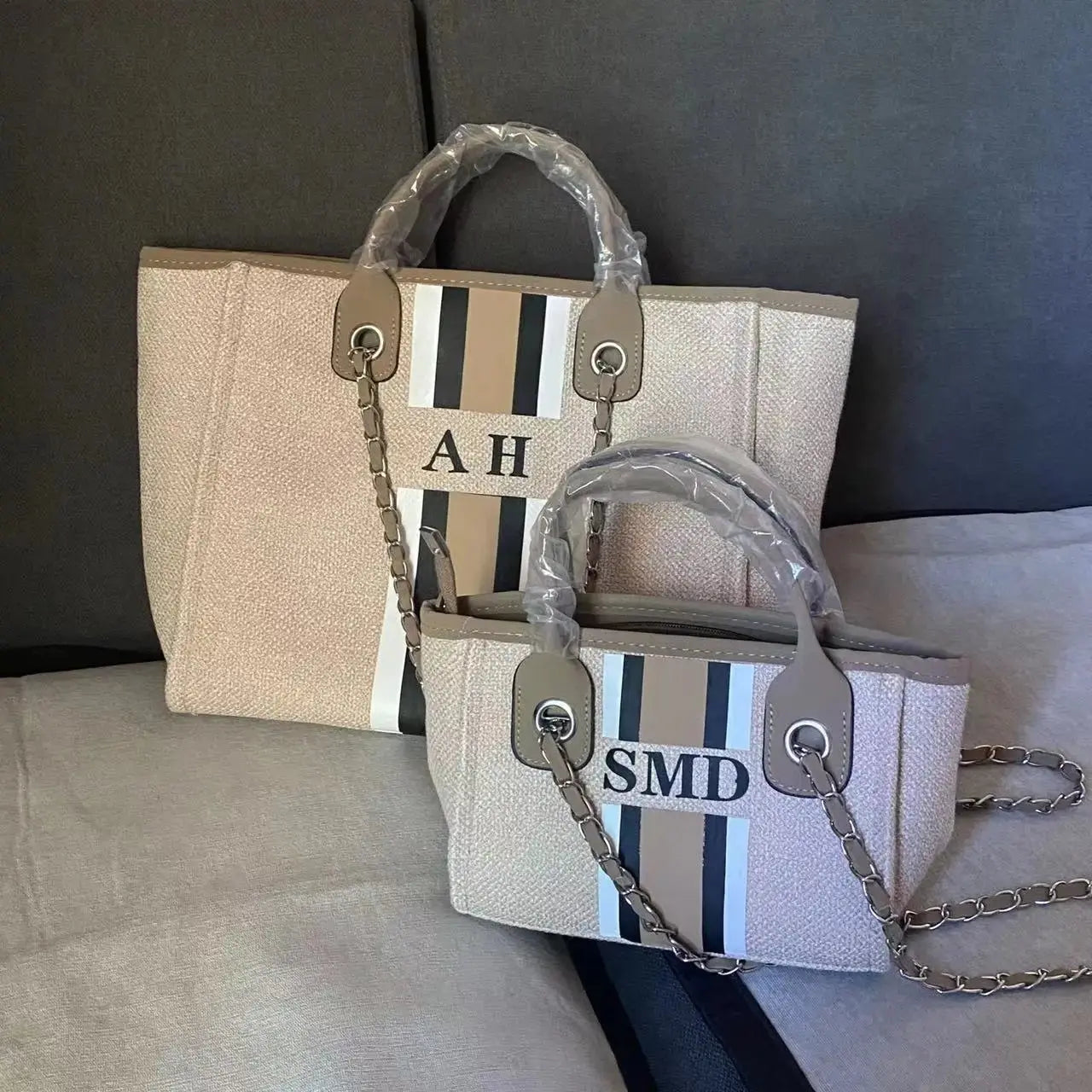 Personalized Monogram Tote Bag Customised Chain Handbag White Stripe Initials Beach Holiday Canvas Tote Bag Bride Gifts