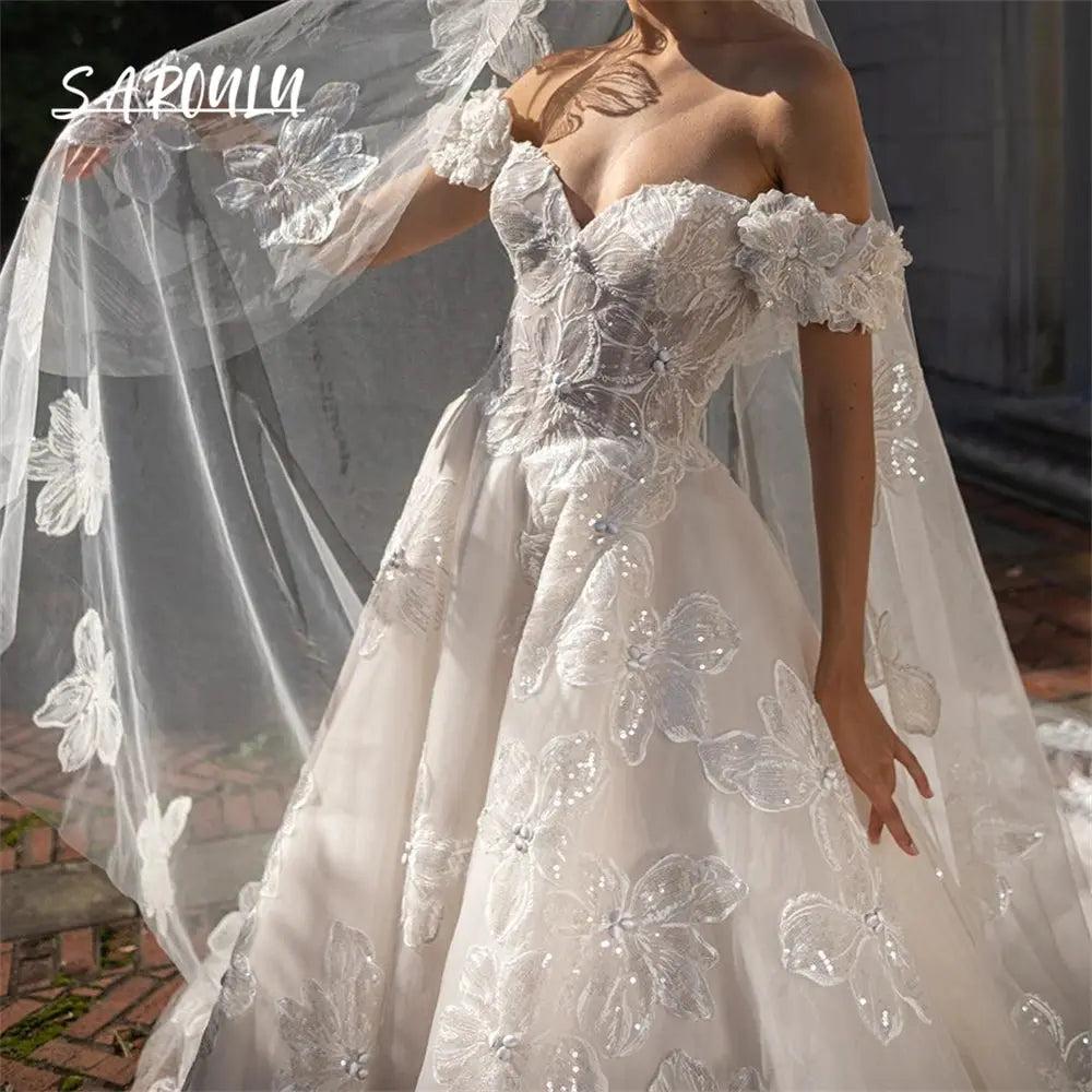 Off Shoudler Ball Gown Wedding Dress for Women with Sequins Floral Appliques Corset Ilusion Bride Dresses Bridal Gown