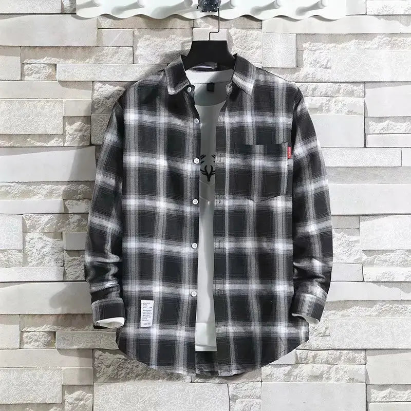 Spring New Korean Style Plaid Shirts Men's Handsome Long-sleeved Loose Casual All-matching Shirt Coats 2025 Trend Men's Clothing Markonline