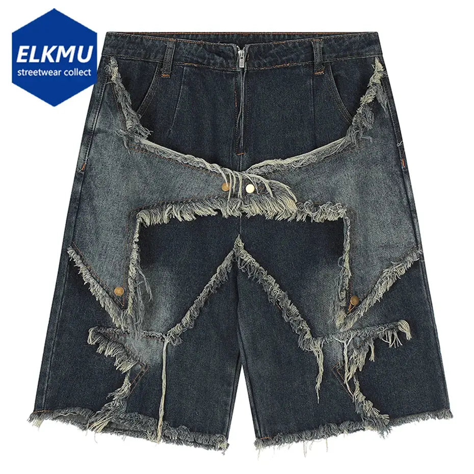 Vintage Tassel Star Denim Shorts Splicing Loose Jeans Shorts 2026 Men Hip Hop Streetwear Harajuku Y2K Shorts Summer