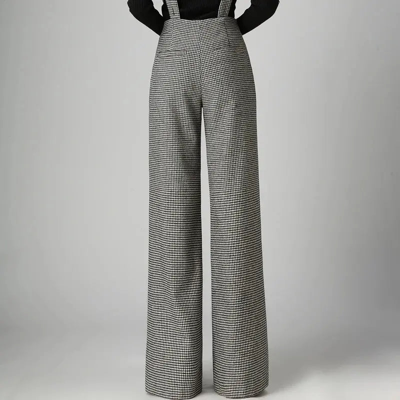 Thickening Woolen Wide Leg Pants Female Pants Feet Suspenders Long Trousers  Plus Size  Women Pants High Waist Plaid Pants