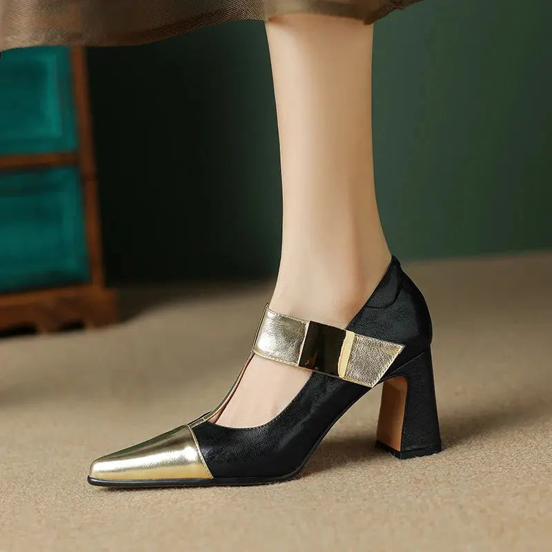 2025 Spring Mary Janes Women Shoes Pointed Toe Chunky Heel Pumps Genuine Leather Shoes for Women Elegant High Heels Buckle Heels