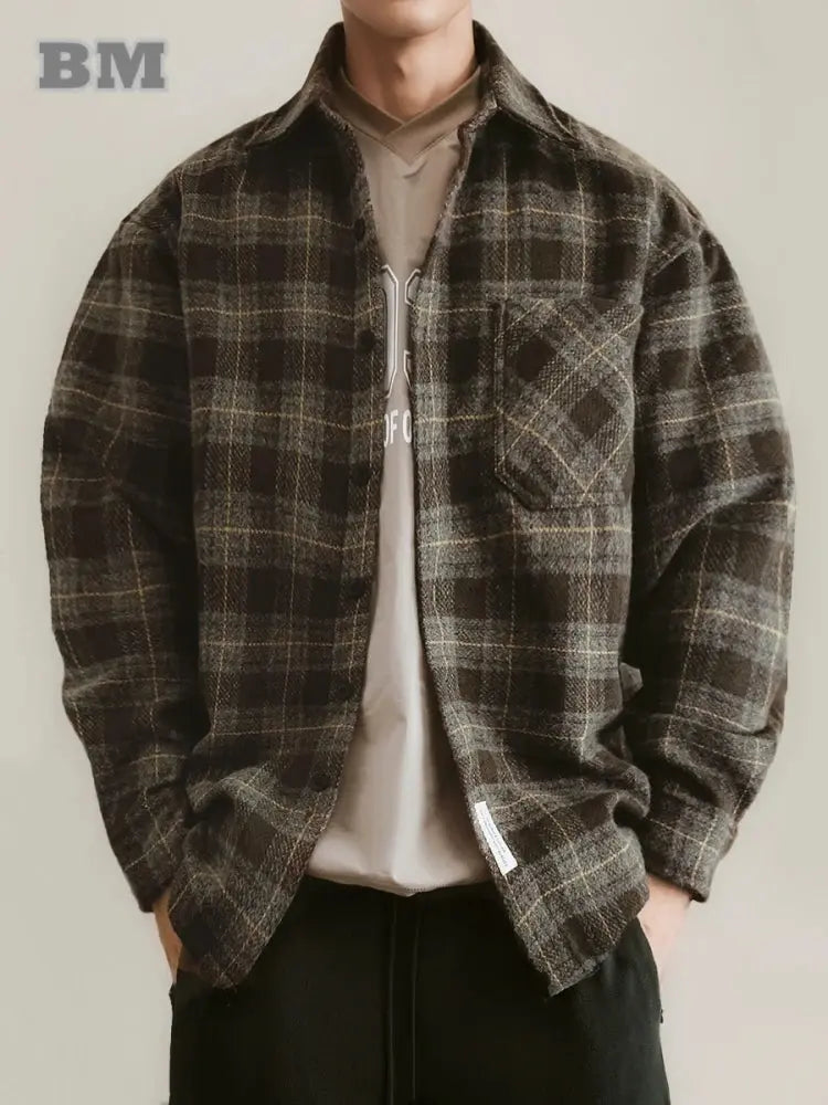 Autumn Winter Korean Fashion High Quality Plaid Shirts For Men Vintage Plus Size Men Clothing Streetwear Loose Long Sleeve Coat