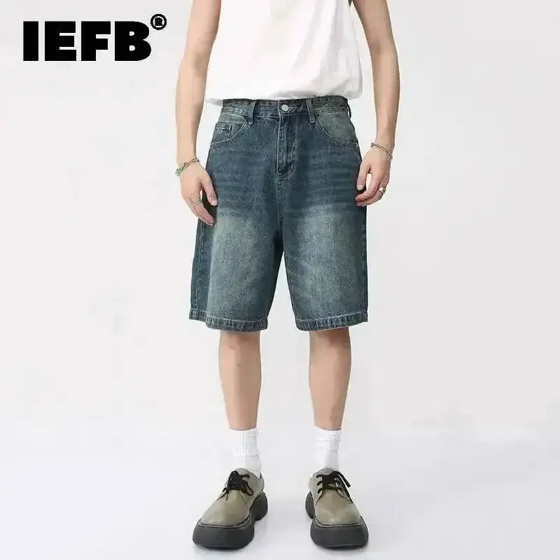 IEFB Summer Denim Shorts Men's Loose Korean Style Retro Short Jeans Fashion Washed Casual Knee Length Pant New Streetwear 9A8588