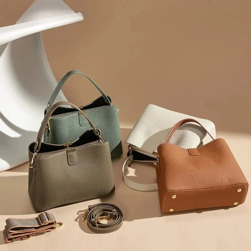 Genuine Leather Shoulder Bucket Bag Women Basket Tote Soft Handbag Genuine Leather Women Fashion Commuter One-shoulder Handbag