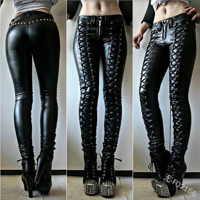 2023 Women Retro PU Pants Leather Pants Steampunk Rivet Lace-up Pencil Pants Skinny Trousers Streetwear Autumn Casual Trousers