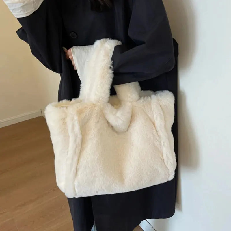 Women's Bag Faux Fur Shoulder Bag Autumn Winter Plush Tote Bag Puffer Handbag Casual Fuzzy Large Capacity Shopping Bag 2023 New