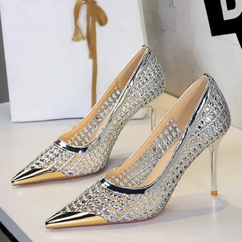 BIGTREE 2026 New Spring Fashion Metal Decoration Pointed Toe Pumps Woman Thin Heels Sexy Hollow Out Ladies Shoes