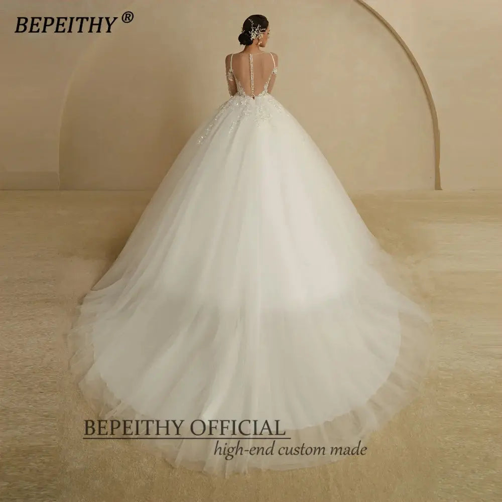 BEPEITHY Customized O Neck Sheer Top Flower Wedding Dress 2022 For Women Full Sleeves Court Train Button Back Bridal Ball Gown