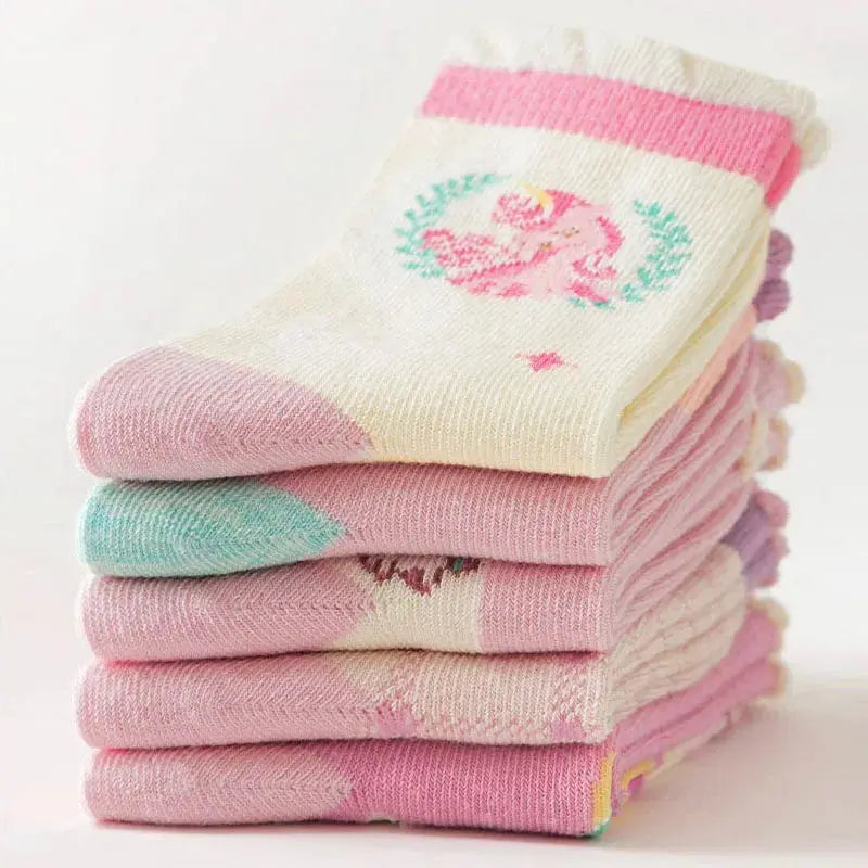 5 Pairs Children's Socks Spring Autumn Cotton Socks Girls Mid Calf Socks Purple Unicorn Cartoon Socks Girls Cute Pattern Socks