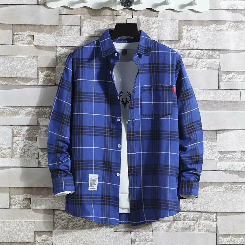 Spring New Korean Style Plaid Shirts Men's Handsome Long-sleeved Loose Casual All-matching Shirt Coats 2025 Trend Men's Clothing Markonline