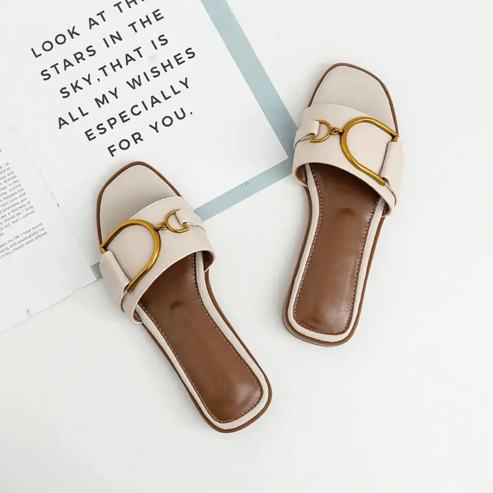 Women's Flat Slippers Summer Leather Square Toe Women Flats Flip Flops Designer Ladies Slides Sandals Women Shoes Luxury Sandals