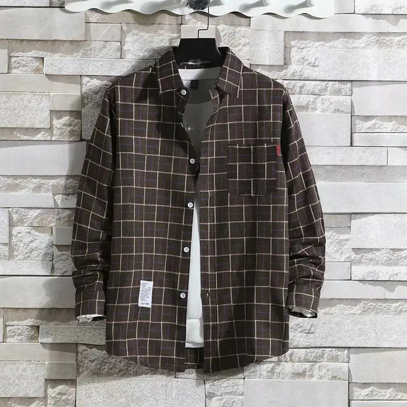 Spring New Korean Style Plaid Shirts Men's Handsome Long-sleeved Loose Casual All-matching Shirt Coats 2025 Trend Men's Clothing Markonline
