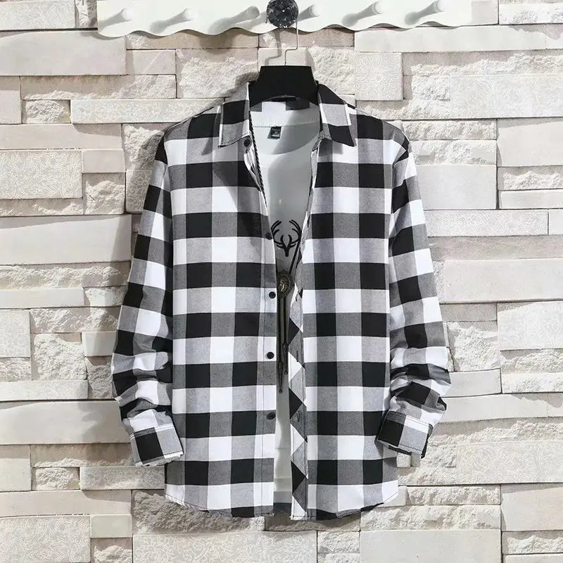 Spring New Korean Style Plaid Shirts Men's Handsome Long-sleeved Loose Casual All-matching Shirt Coats 2025 Trend Men's Clothing Markonline