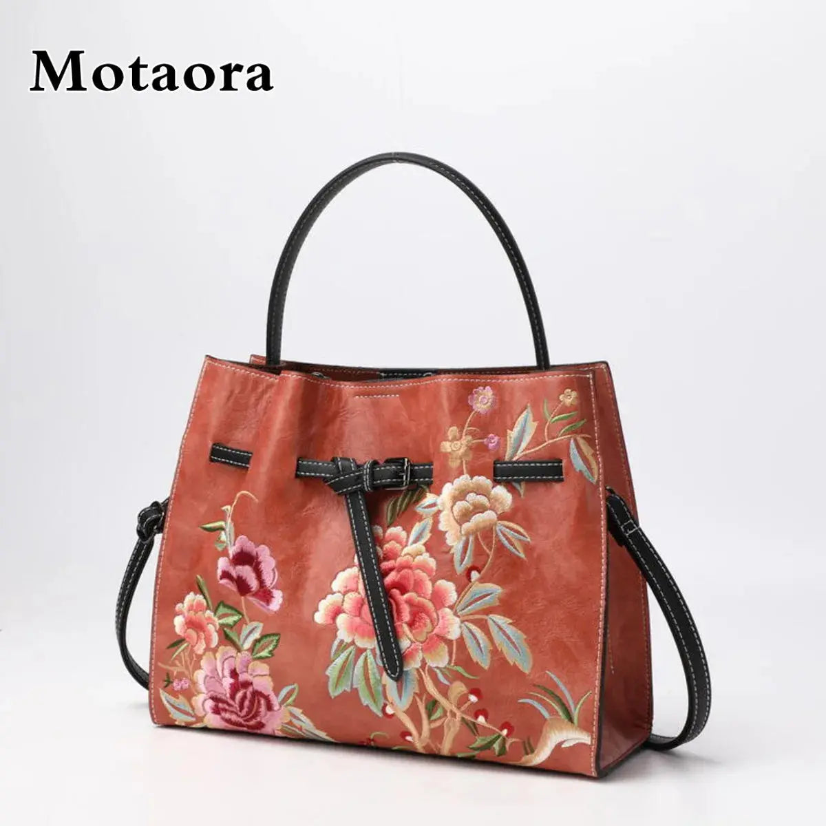 MOTAORA Vintage Chinese Embroidery Leather Shoulder Bag Women Large Capacity Crossbody Bucket Bag Ladies Fashion Handbag NEW