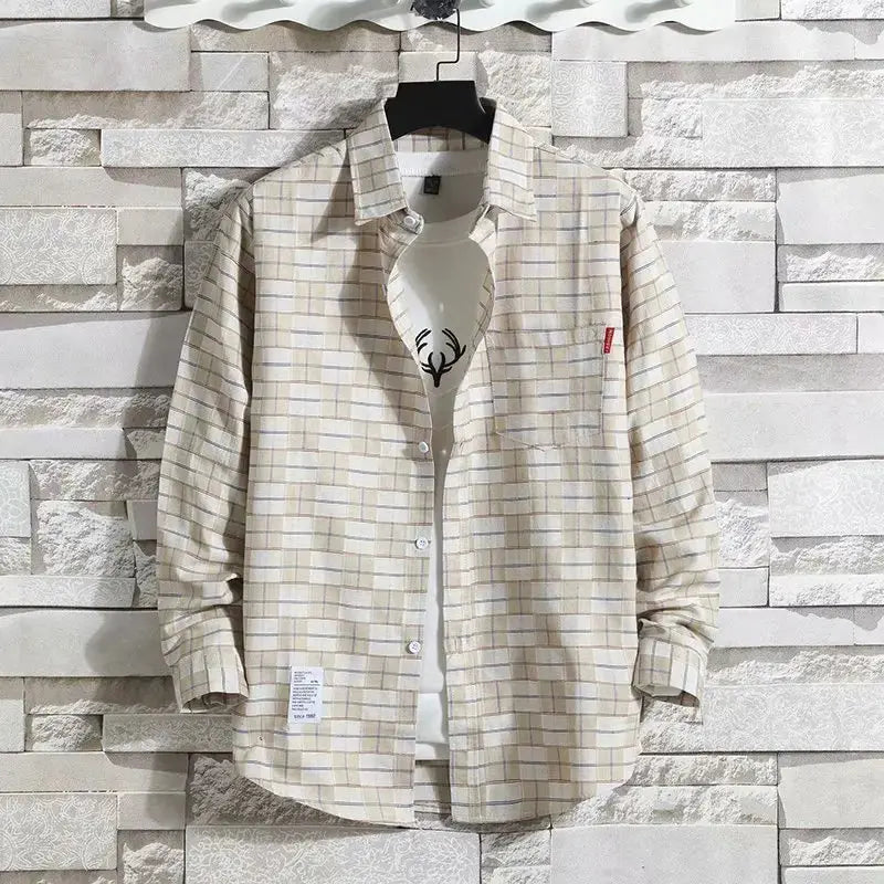 Spring New Korean Style Plaid Shirts Men's Handsome Long-sleeved Loose Casual All-matching Shirt Coats 2025 Trend Men's Clothing Markonline