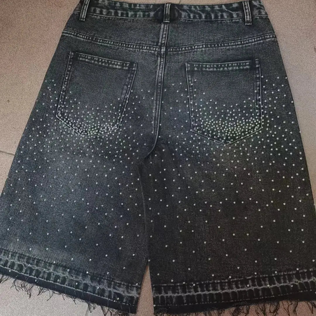 Streetwear Mens Womens Cross Rhinestone Denim Shorts Y2K Jeans Hip Hop Cross Sequins Vintage Baggy Gym Shorts Basketball Shorts