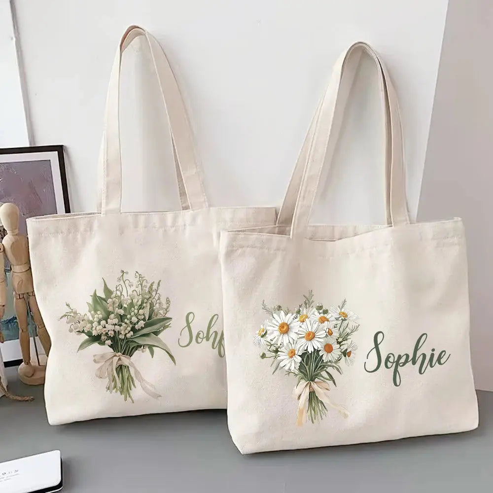Personalized Shoulder Bag Birth Month Flower with Name Tote Bag Monogram Canvas Bags Wendding Birthday Holiday Best Gift for Her