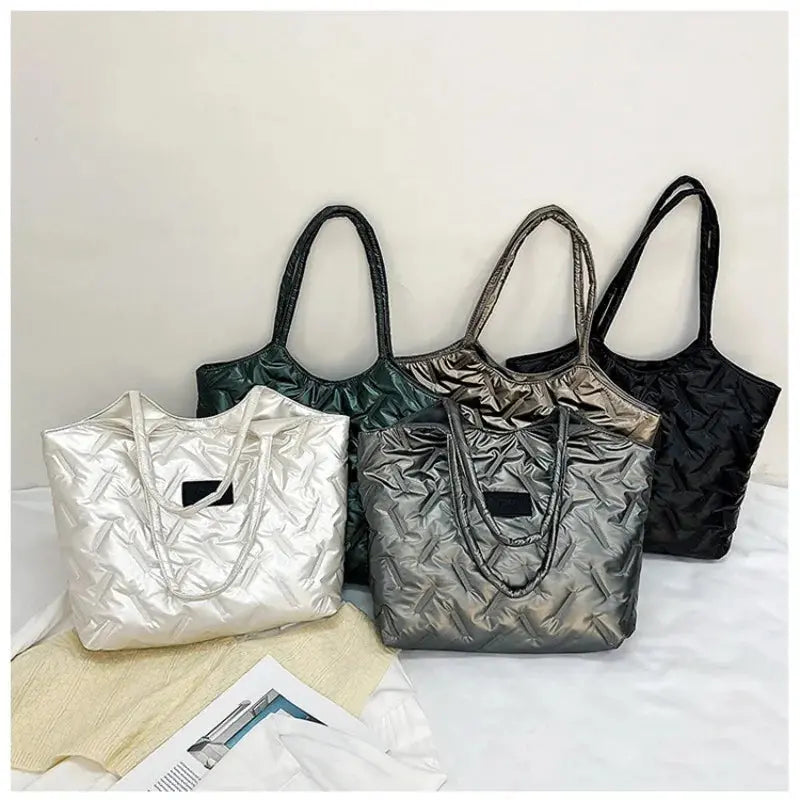 Women Padded Tote Bag Versatile Solid Puffer Bag Big Capacity Quilted Shoulder Bag Casual Winter Commuting Bag