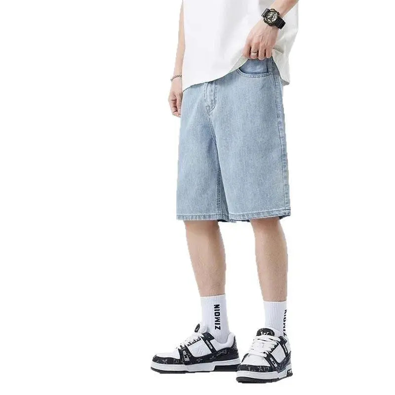 Summer classic shorts, jeans, men's denim pants, straight leg stretch, casual, cool, thin, knee length, blue fashion brand daily