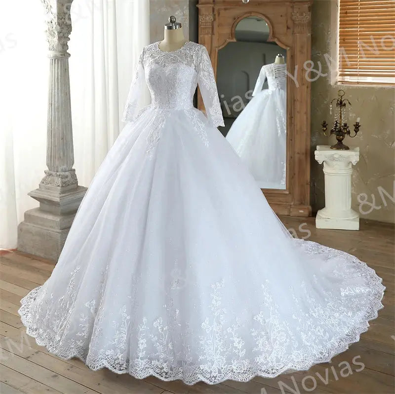 Real Video Vestidos De Novia Simple Vintage White Wedding Dress for Women With Sleeves Princesa Bridal Gown